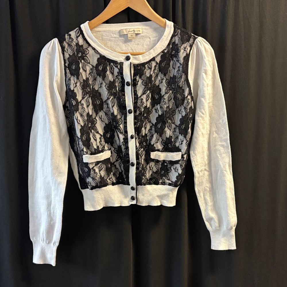 Forever 21 Cream Knit cardigan with black lace